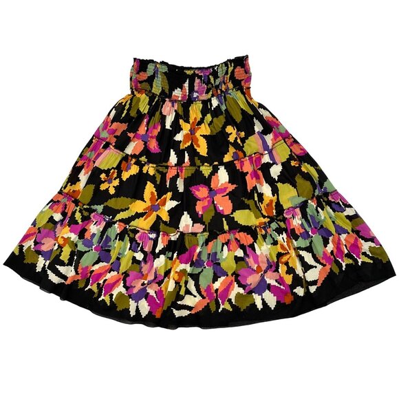 Chaudry Womens Black Multi Colored Lightweight Floral Tiered Midi Skirt Size M - Picture 1 of 10